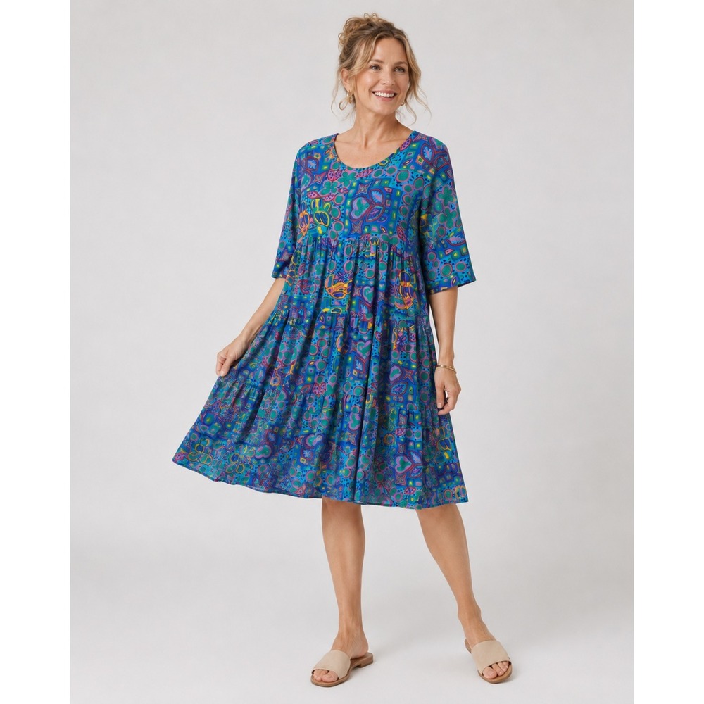 Vintage Two Potato Laguna Beach Whimiscal House Dress Small Blue Artsy Cotton